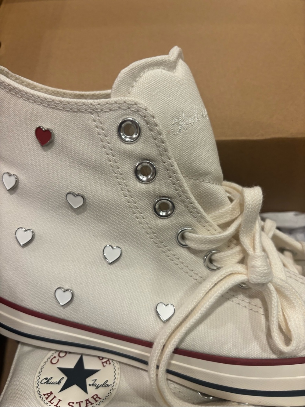 Converse White High Top Sneakers with Red & White Heart Studs - Picture 5 of 8